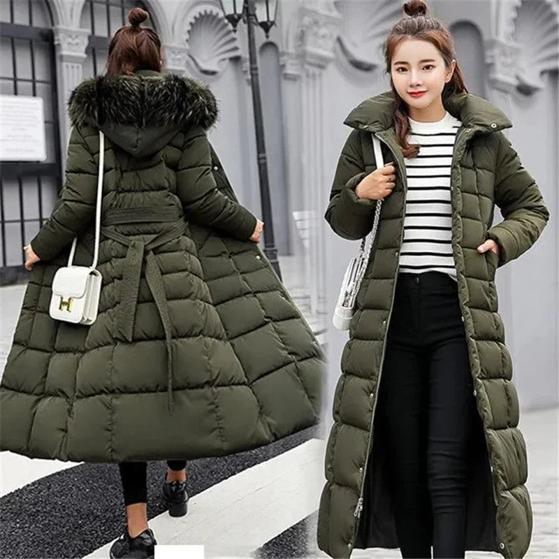 2025 New Winter Jacket Women Parkas Fur Collar Hooded Cotton Padded Long Coat Korean Loose Warm Thicken Outwear