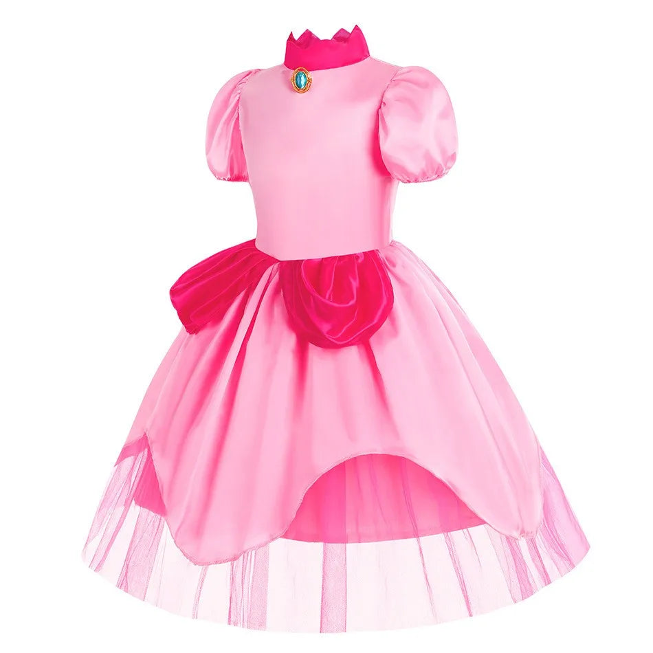 Peach Princess Costume Sweet Halloween Carnival Pink dress Comes with Crown Cosplay Children girl Fancy Dress For 2-10 Years