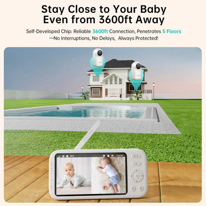 2K Video Baby Monitor, 3600Ft Long Range No Wifi Baby Monitor with 2 Cameras and Audio, 5.5" Split Display, AI Cry Detect, IR Night Vision, 2-Way Audio, 6000Mah