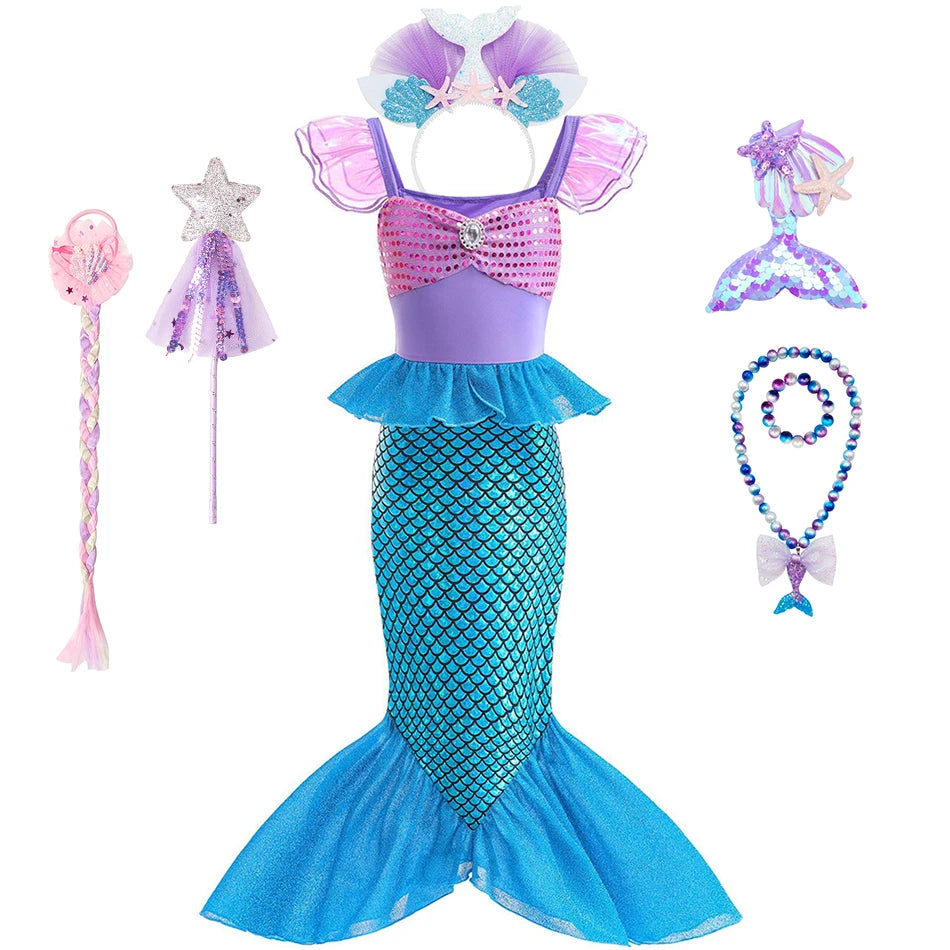 Mermaid Birthday Party Dress Summer Girl Mermaid Costume Carnival Anime Cosplay Outfits 2-10 Yrs Kids Fantasy Disguise Prom Gown