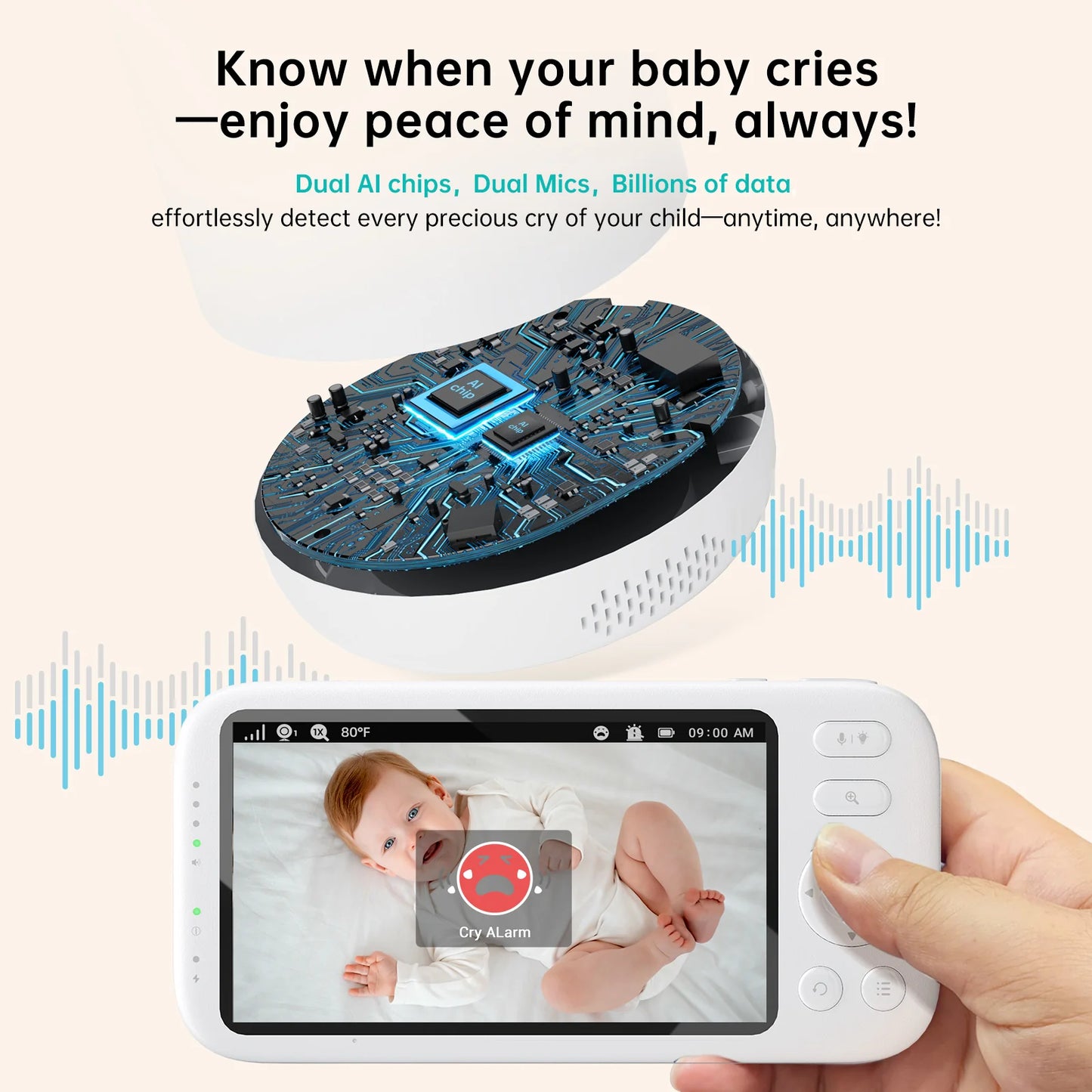 2K Video Baby Monitor, 3600Ft Long Range No Wifi Baby Monitor with 2 Cameras and Audio, 5.5" Split Display, AI Cry Detect, IR Night Vision, 2-Way Audio, 6000Mah