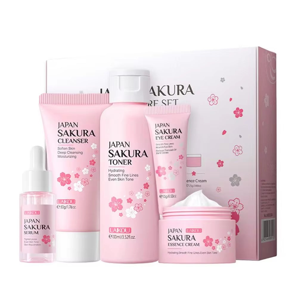 Sakura Facial Cleanser and Korean Face Serum Set - Anti-Acne Peeling Gel, Moisturizing Eye Cream, and Dark Circle Treatment for Women