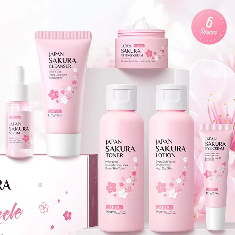 Sakura Facial Cleanser and Korean Face Serum Set - Anti-Acne Peeling Gel, Moisturizing Eye Cream, and Dark Circle Treatment for Women