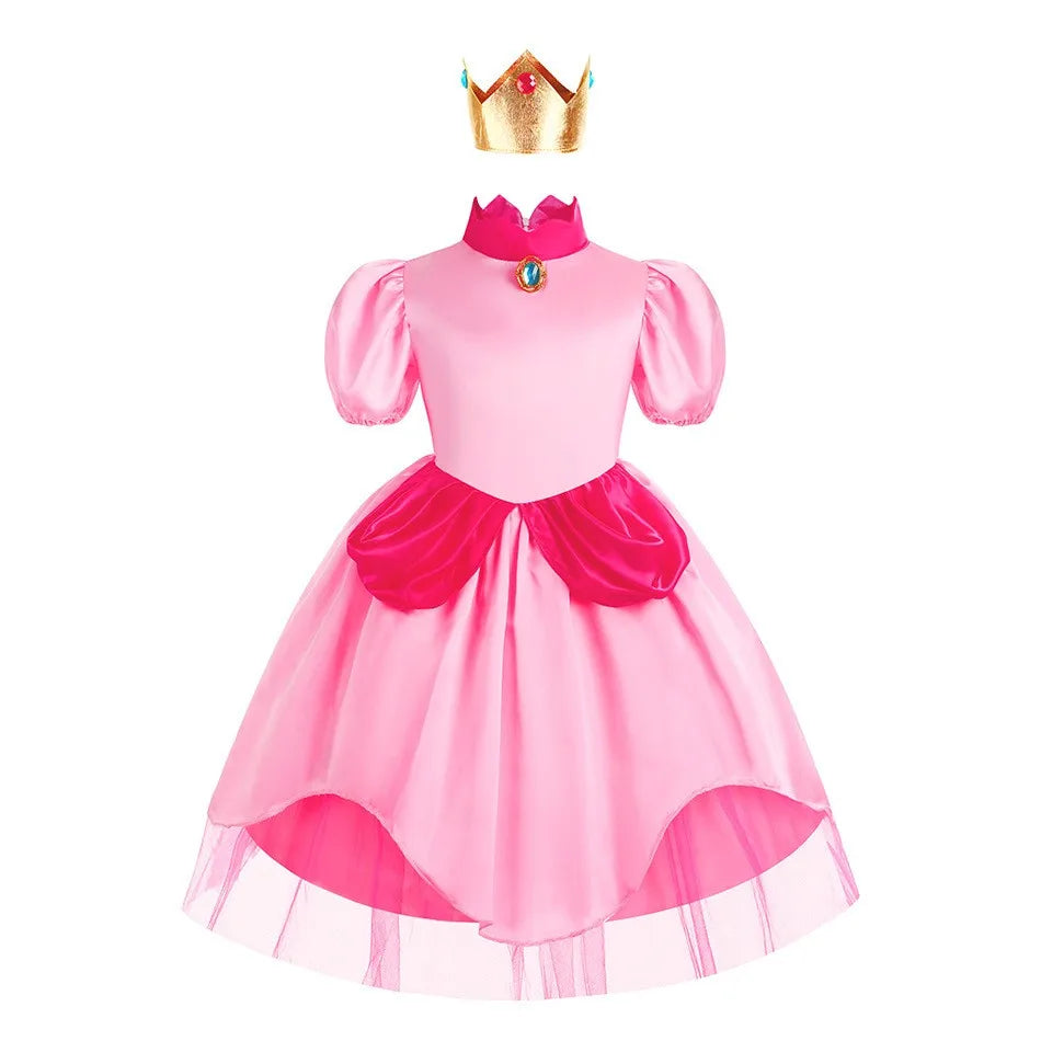 Peach Princess Costume Sweet Halloween Carnival Pink dress Comes with Crown Cosplay Children girl Fancy Dress For 2-10 Years