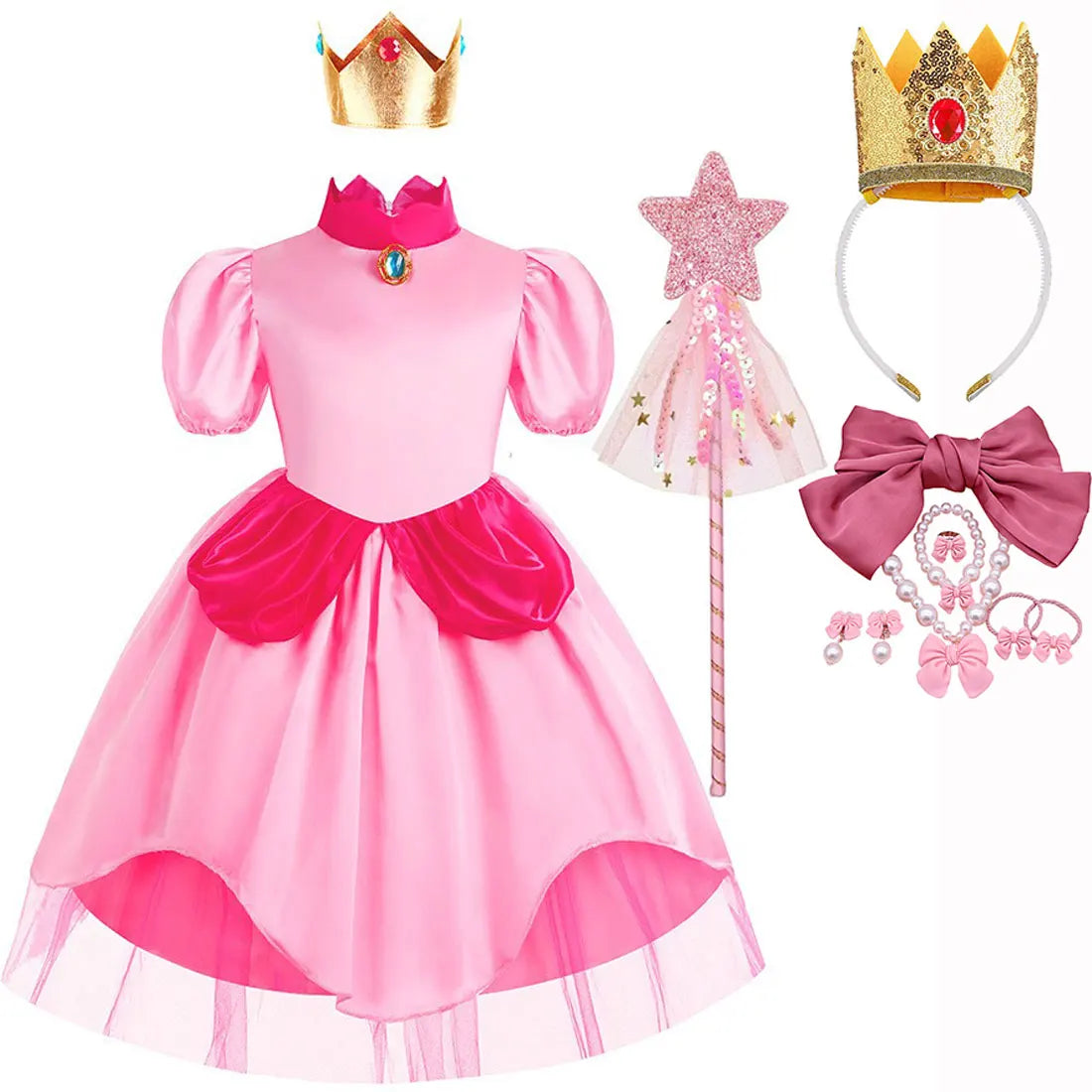 Peach Princess Costume Sweet Halloween Carnival Pink dress Comes with Crown Cosplay Children girl Fancy Dress For 2-10 Years