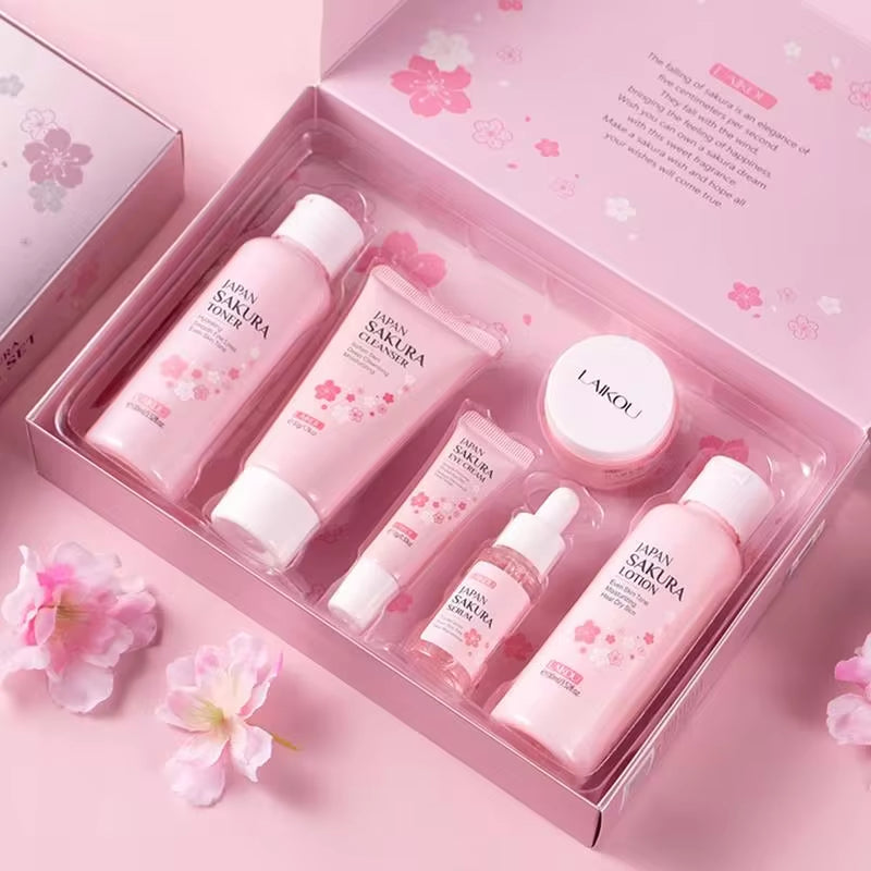 Sakura Facial Cleanser and Korean Face Serum Set - Anti-Acne Peeling Gel, Moisturizing Eye Cream, and Dark Circle Treatment for Women