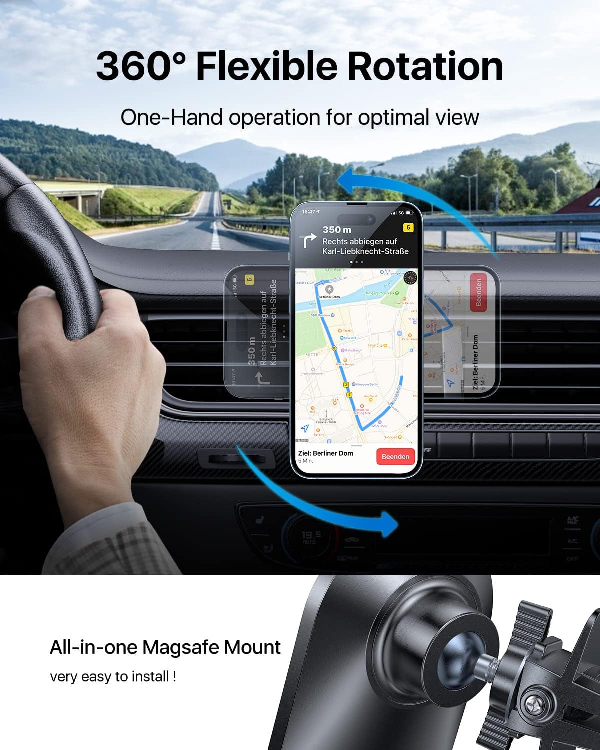 Ultimate MagSafe Car Mount Pro - Strongest Magnet & 360° Rotation for Big Phones - Compatible with iPhone 16/15/14 Pro Max & Samsung S25/S24 (Carbon Fiber)