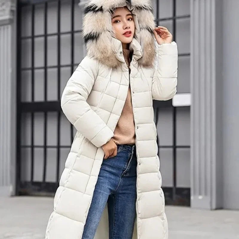 2025 New Winter Jacket Women Parkas Fur Collar Hooded Cotton Padded Long Coat Korean Loose Warm Thicken Outwear