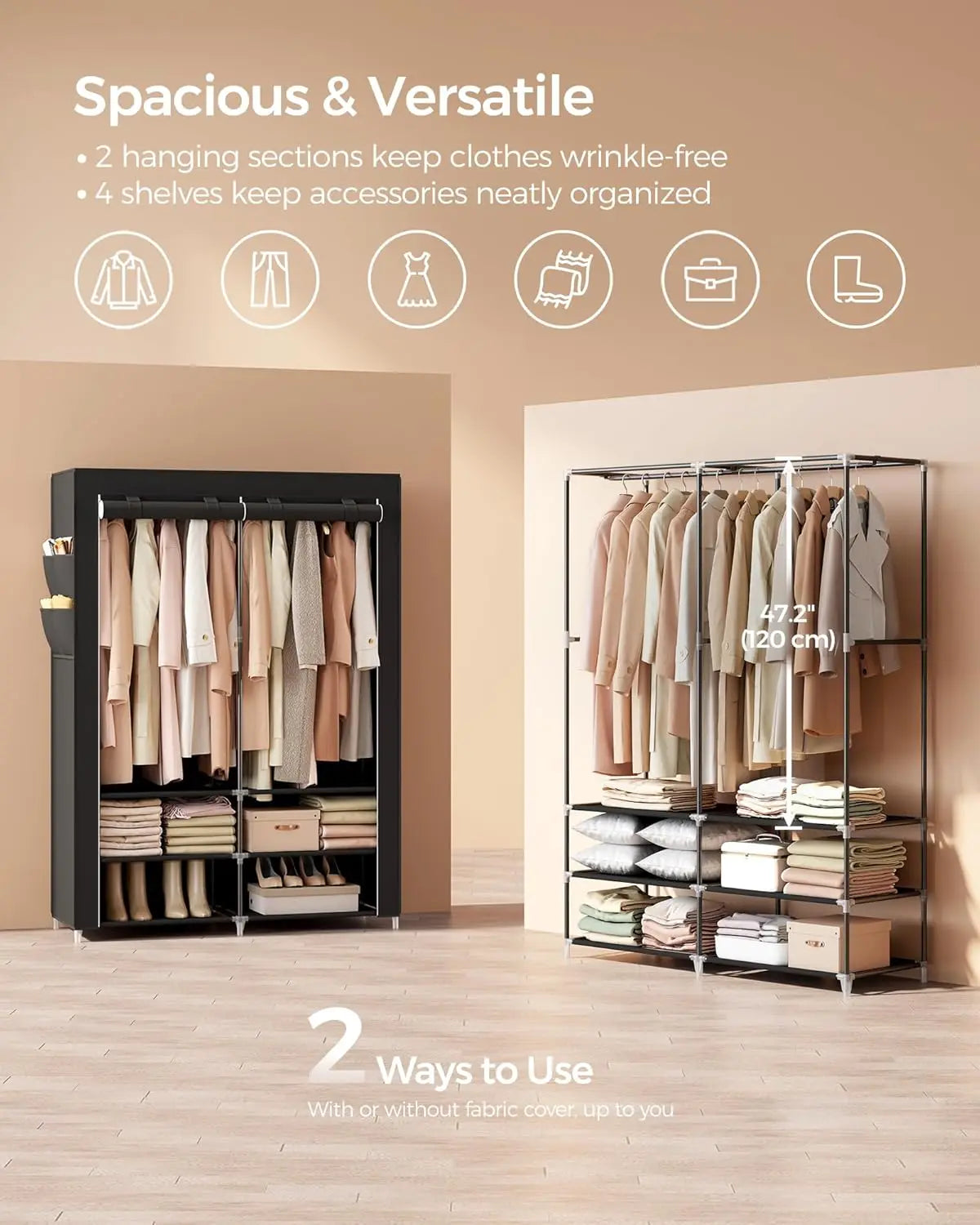 Portable Closet Wardrobe with Shoe Rack and Cover, Closet Storage Organizer, 2 Hanging Rods, Shelves, and 4 Side Pockets