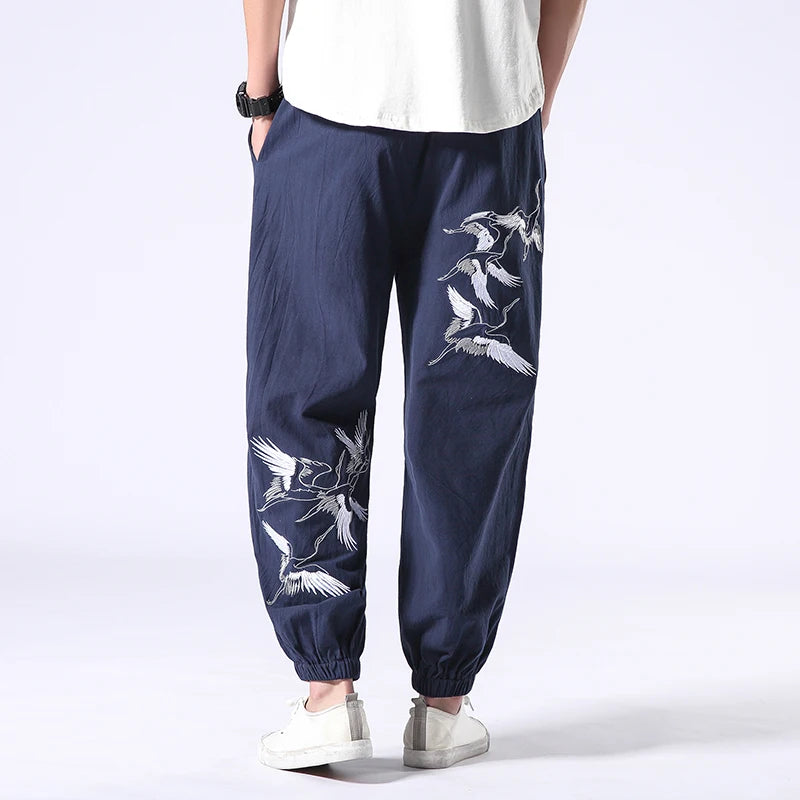 100% Cotton Mens Clothing Crane Embroidery Leggings Trousers Chinese Retro Harem Jogging Pants Sports Fitness Hip-hop Pants