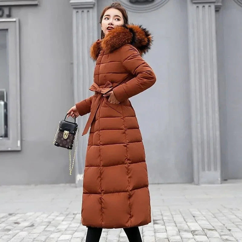 2025 New Winter Jacket Women Parkas Fur Collar Hooded Cotton Padded Long Coat Korean Loose Warm Thicken Outwear