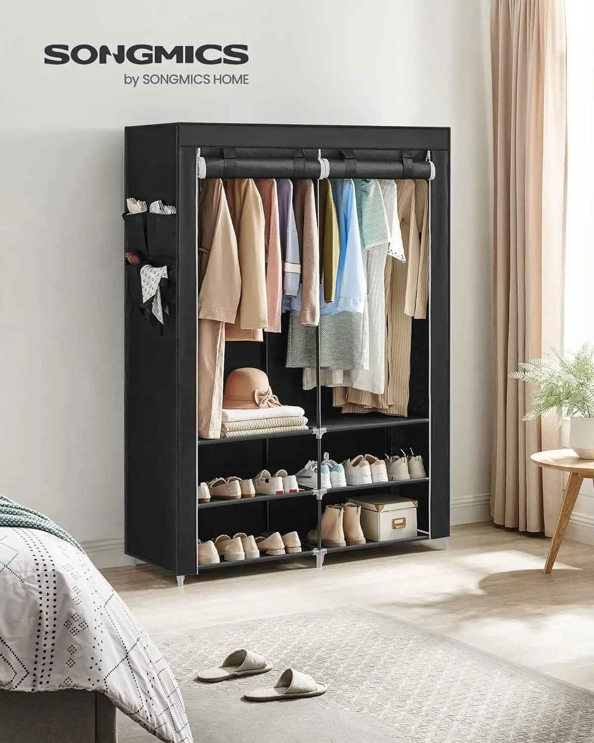 Portable Closet Wardrobe with Shoe Rack and Cover, Closet Storage Organizer, 2 Hanging Rods, Shelves, and 4 Side Pockets