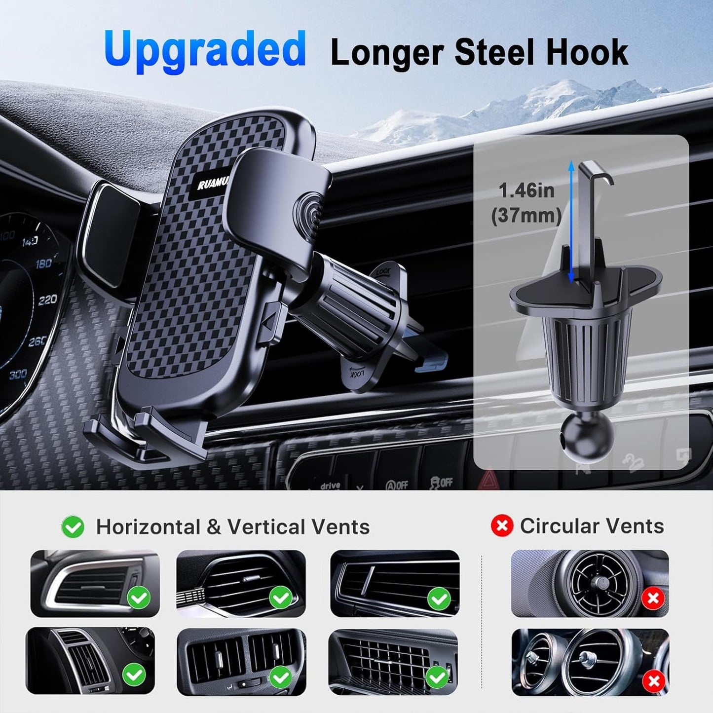 2025 Ultra-Stable Car Vent Phone Holder with Extended Metal Hook - Fits iPhone 16 Pro Max, 15 Plus, 14, 13, 12 & Samsung S24 Ultra, Pixel - Wider Clamp for Thicker Cases