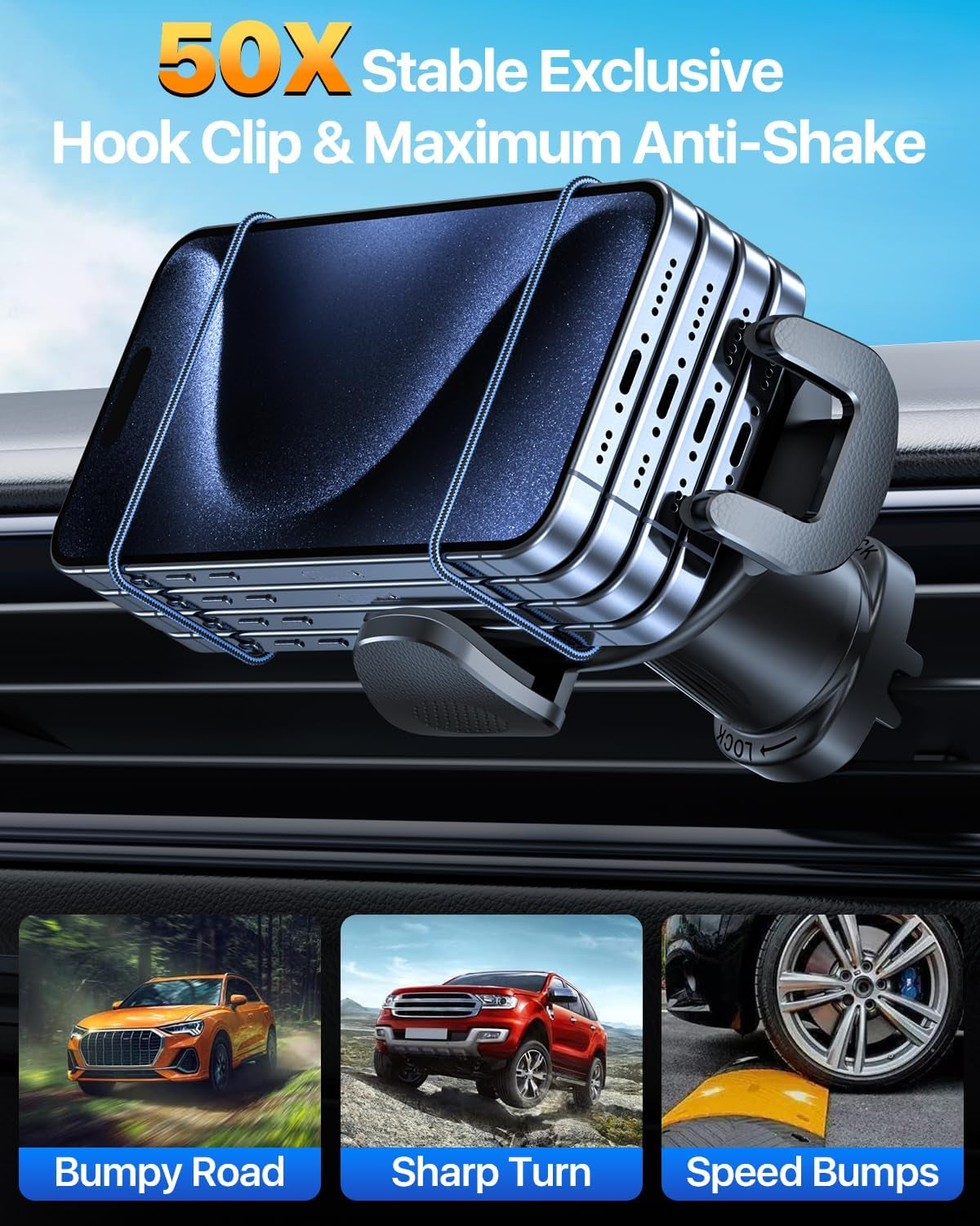 Military-Grade Car Phone Holder - Strong Steel-Hook Vent Mount, 360° Adjustable Handsfree Cradle for iPhone 16/15/14/13/12 Pro Max & Samsung Universal, Sleek Black Design