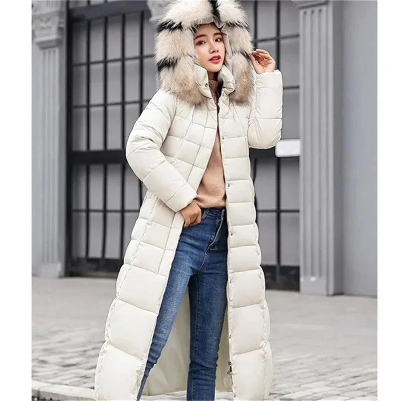 2025 New Winter Jacket Women Parkas Fur Collar Hooded Cotton Padded Long Coat Korean Loose Warm Thicken Outwear