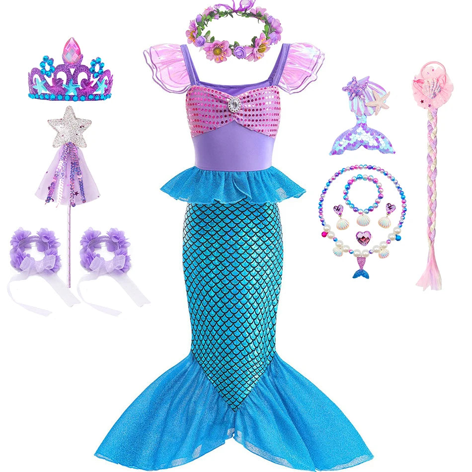 Mermaid Birthday Party Dress Summer Girl Mermaid Costume Carnival Anime Cosplay Outfits 2-10 Yrs Kids Fantasy Disguise Prom Gown