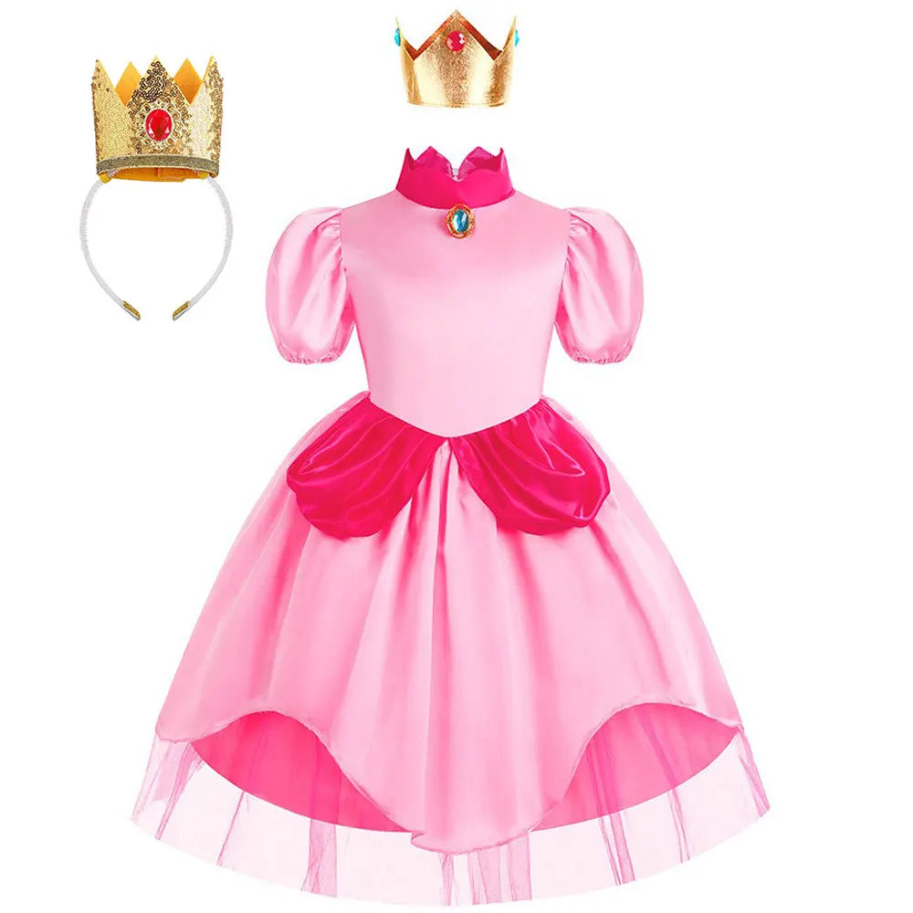 Peach Princess Costume Sweet Halloween Carnival Pink dress Comes with Crown Cosplay Children girl Fancy Dress For 2-10 Years