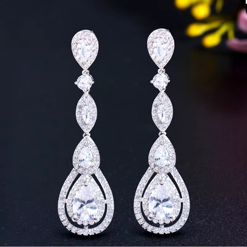 Delicate Silver Color Long Water Drop Dangle Earrings with Shiny White Cubic Zirconia for Ladies' Costume and Prom Jewelry E613