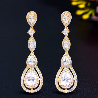 Delicate Silver Color Long Water Drop Dangle Earrings with Shiny White Cubic Zirconia for Ladies' Costume and Prom Jewelry E613