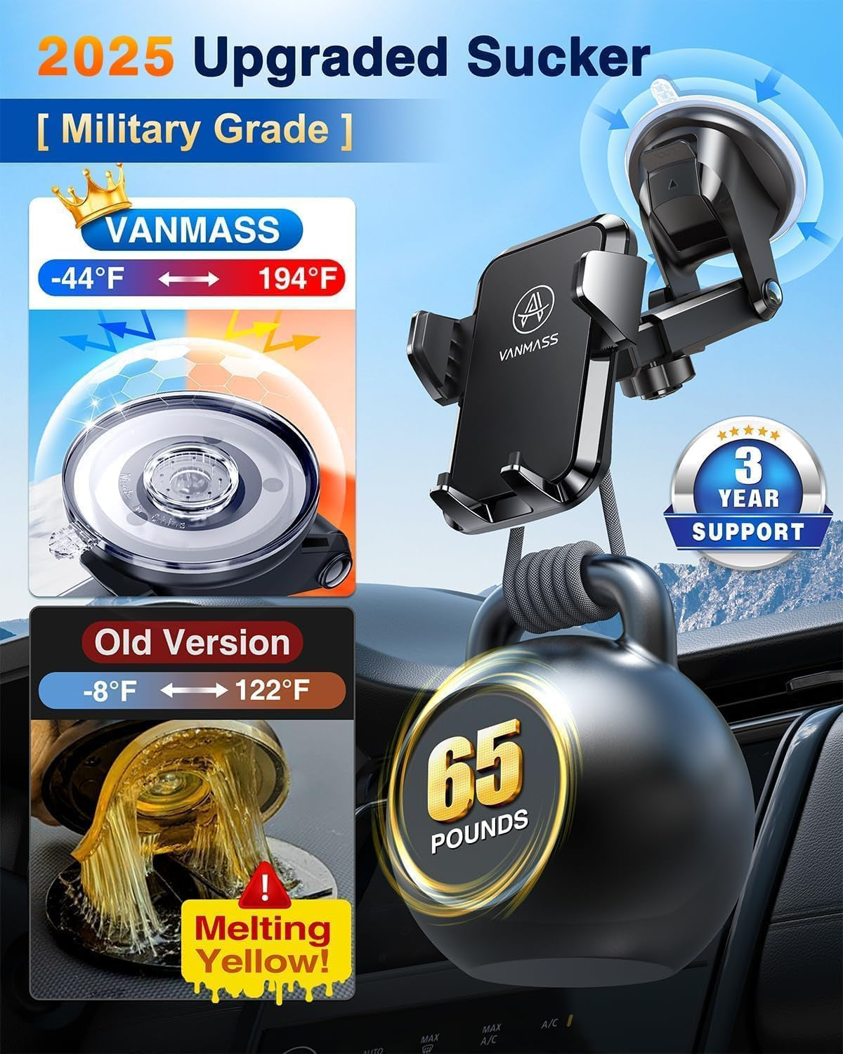 2025 Military-Grade Car Phone Holder - Ultra-Stable Suction Mount for Dashboard & Windshield - Compatible with iPhone 16 Pro Max, 15, 14, 13 & Samsung S25 Android