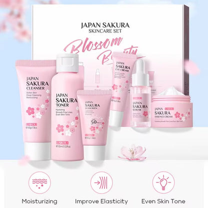 Sakura Facial Cleanser and Korean Face Serum Set - Anti-Acne Peeling Gel, Moisturizing Eye Cream, and Dark Circle Treatment for Women