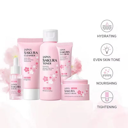 Sakura Facial Cleanser and Korean Face Serum Set - Anti-Acne Peeling Gel, Moisturizing Eye Cream, and Dark Circle Treatment for Women