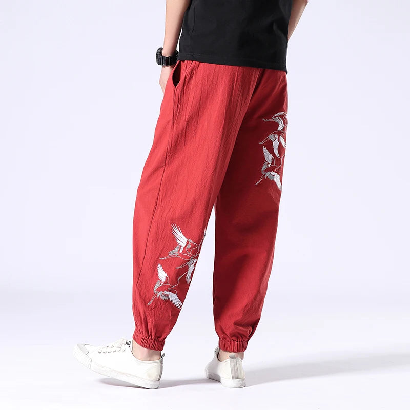 100% Cotton Mens Clothing Crane Embroidery Leggings Trousers Chinese Retro Harem Jogging Pants Sports Fitness Hip-hop Pants