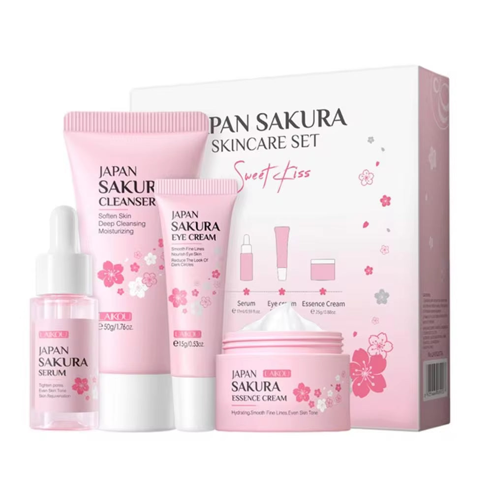 Sakura Facial Cleanser and Korean Face Serum Set - Anti-Acne Peeling Gel, Moisturizing Eye Cream, and Dark Circle Treatment for Women