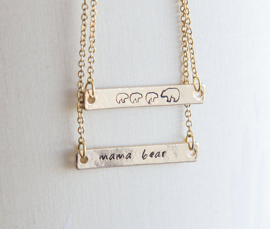 Mama bear necklace, mama and bear cub necklace, hand stamped bar