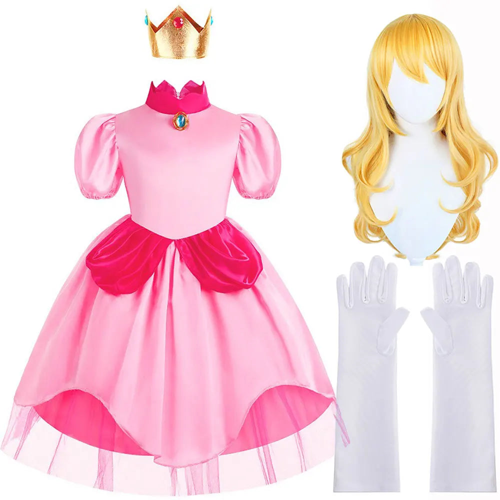 Peach Princess Costume Sweet Halloween Carnival Pink dress Comes with Crown Cosplay Children girl Fancy Dress For 2-10 Years