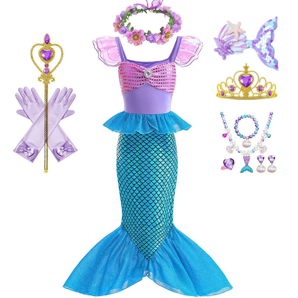 Mermaid Birthday Party Dress Summer Girl Mermaid Costume Carnival Anime Cosplay Outfits 2-10 Yrs Kids Fantasy Disguise Prom Gown