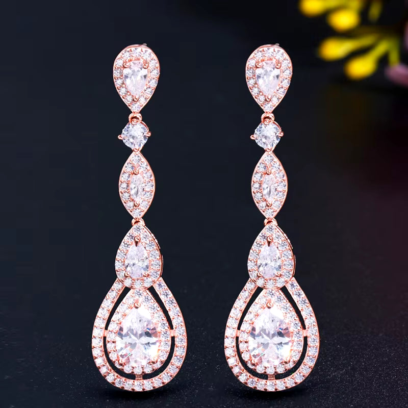 Delicate Silver Color Long Water Drop Dangle Earrings with Shiny White Cubic Zirconia for Ladies' Costume and Prom Jewelry E613