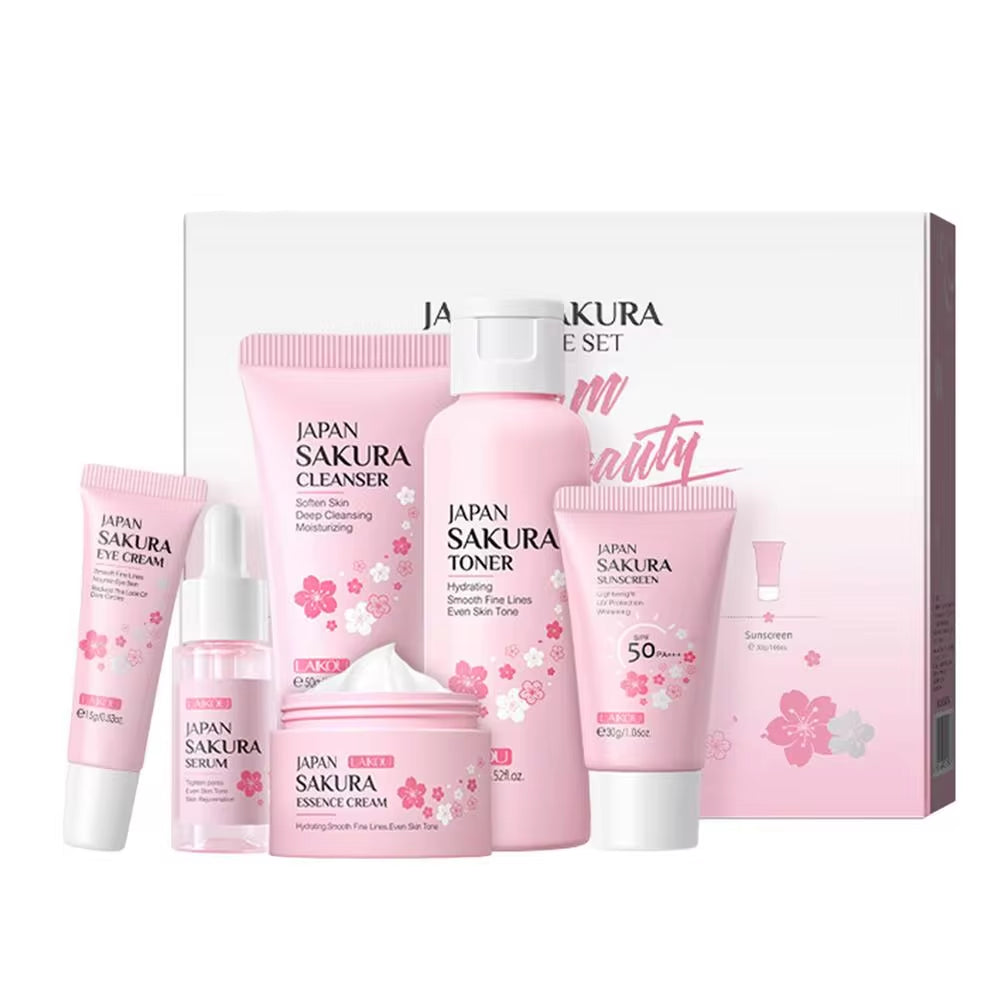 Sakura Facial Cleanser and Korean Face Serum Set - Anti-Acne Peeling Gel, Moisturizing Eye Cream, and Dark Circle Treatment for Women