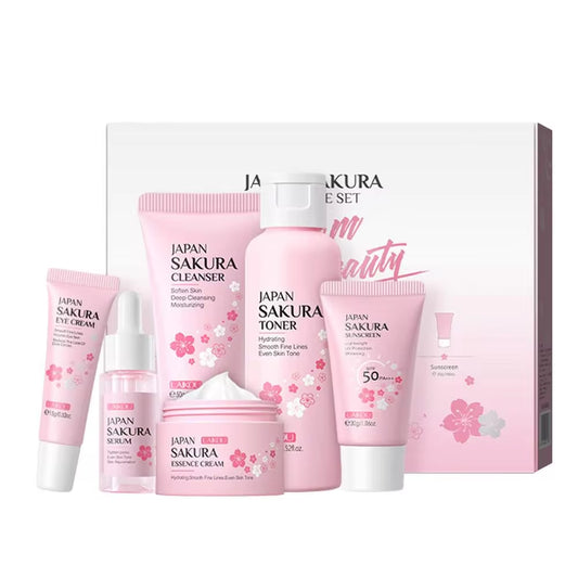 Sakura Facial Cleanser and Korean Face Serum Set - Anti-Acne Peeling Gel, Moisturizing Eye Cream, and Dark Circle Treatment for Women