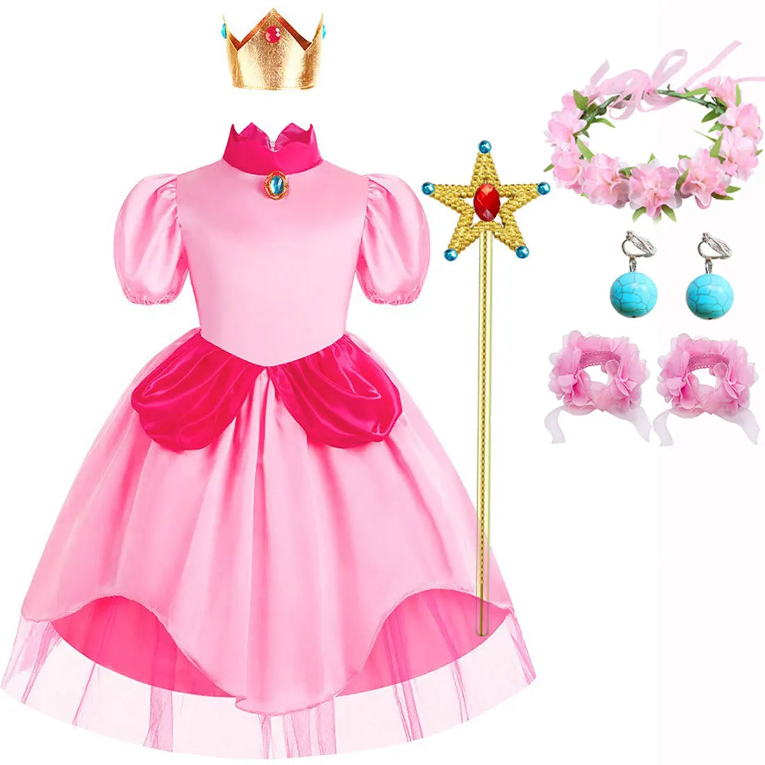 Peach Princess Costume Sweet Halloween Carnival Pink dress Comes with Crown Cosplay Children girl Fancy Dress For 2-10 Years