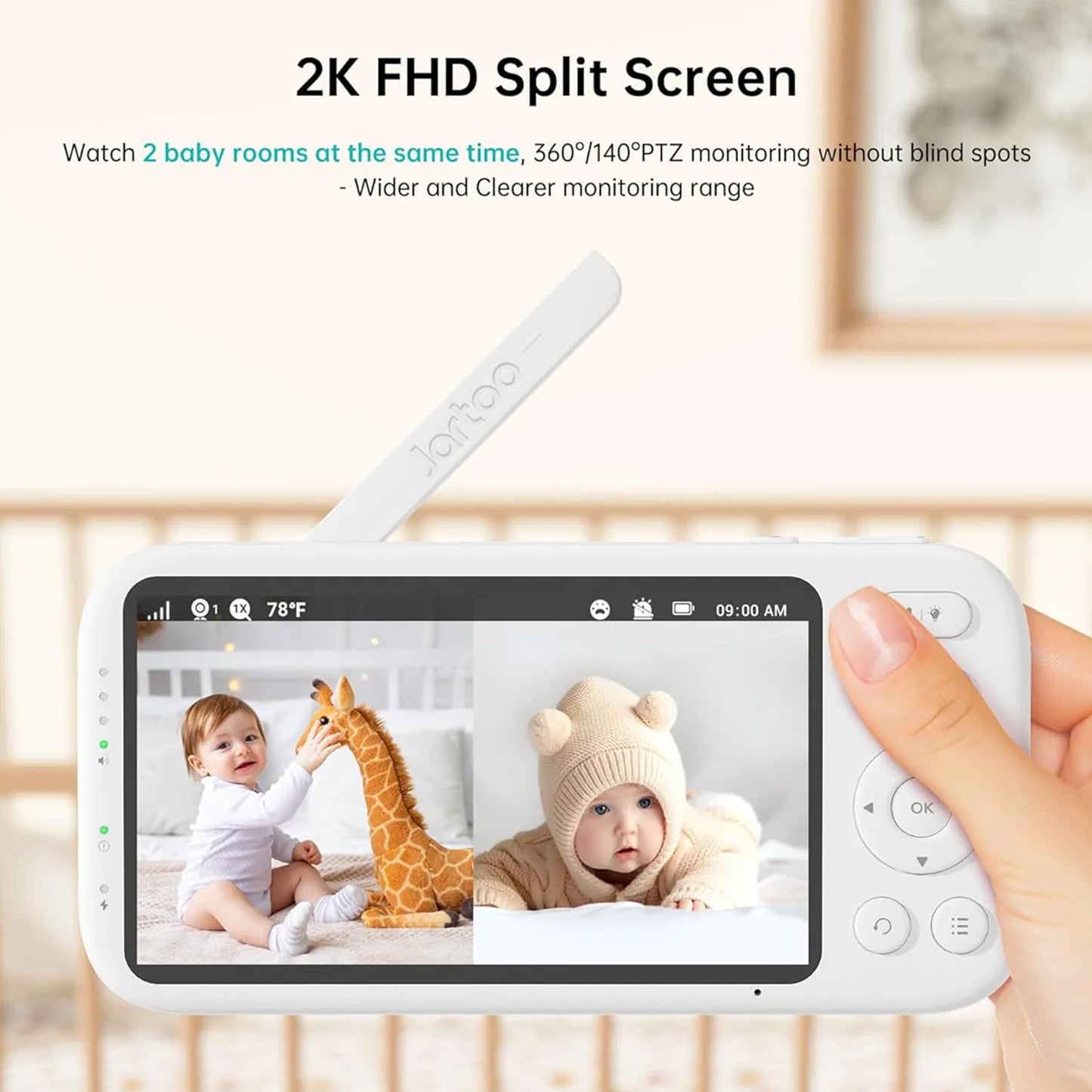 2K Video Baby Monitor, 3600Ft Long Range No Wifi Baby Monitor with 2 Cameras and Audio, 5.5" Split Display, AI Cry Detect, IR Night Vision, 2-Way Audio, 6000Mah