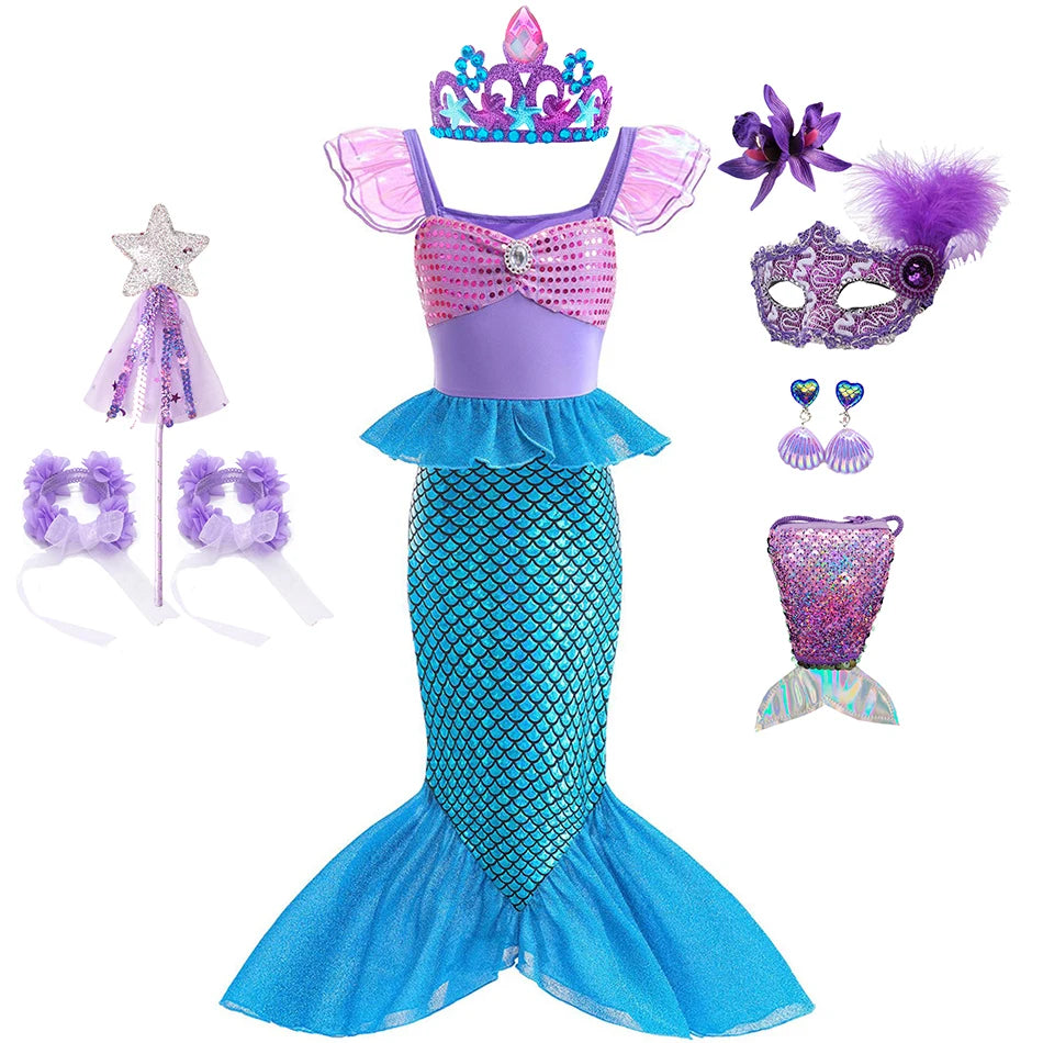 Mermaid Birthday Party Dress Summer Girl Mermaid Costume Carnival Anime Cosplay Outfits 2-10 Yrs Kids Fantasy Disguise Prom Gown