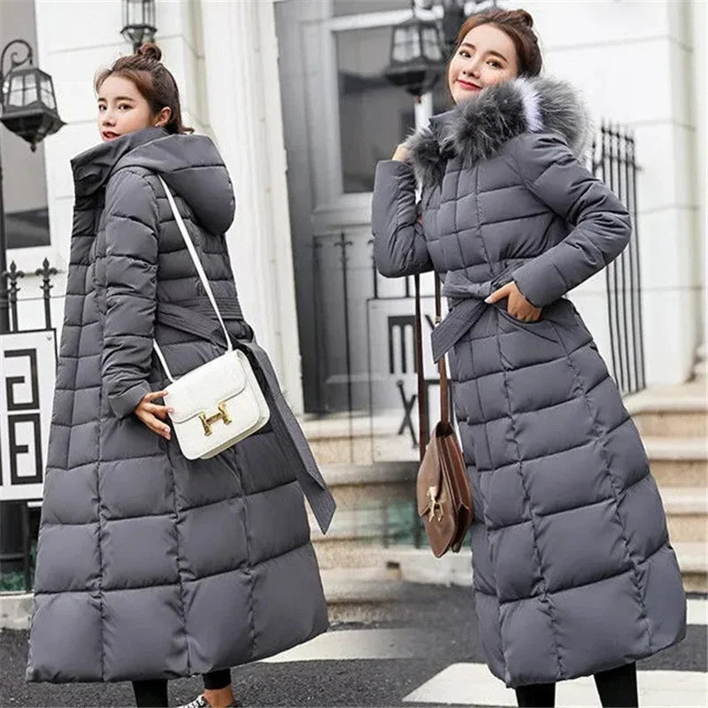 2025 New Winter Jacket Women Parkas Fur Collar Hooded Cotton Padded Long Coat Korean Loose Warm Thicken Outwear