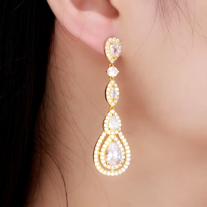 Delicate Silver Color Long Water Drop Dangle Earrings with Shiny White Cubic Zirconia for Ladies' Costume and Prom Jewelry E613