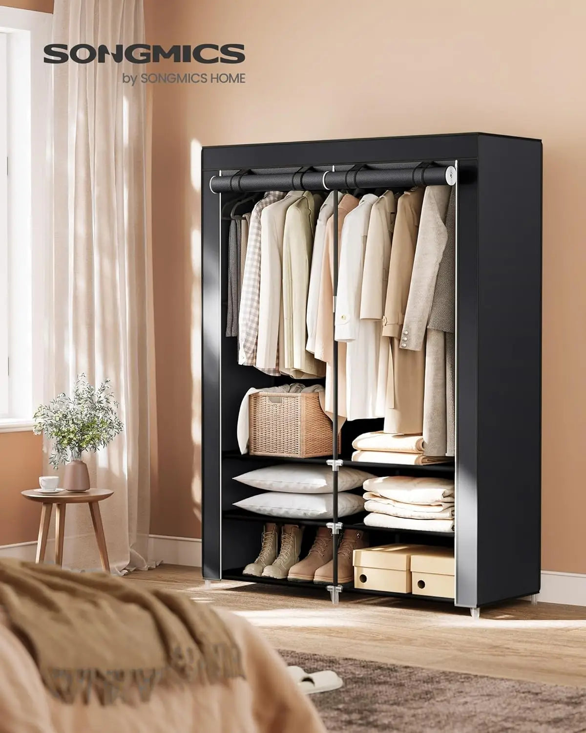 Portable Closet Wardrobe with Shoe Rack and Cover, Closet Storage Organizer, 2 Hanging Rods, Shelves, and 4 Side Pockets