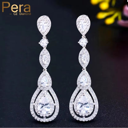 Delicate Silver Color Long Water Drop Dangle Earrings with Shiny White Cubic Zirconia for Ladies' Costume and Prom Jewelry E613