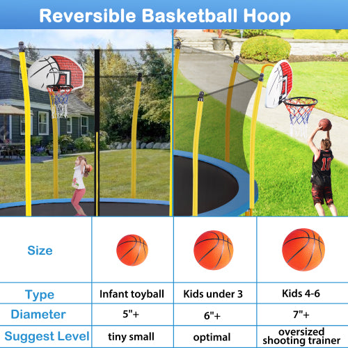 12FT Trampoline for Kids with Safety Enclosure Net Basketball Hoop