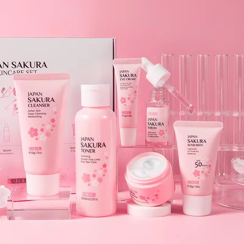 Sakura Facial Cleanser and Korean Face Serum Set - Anti-Acne Peeling Gel, Moisturizing Eye Cream, and Dark Circle Treatment for Women