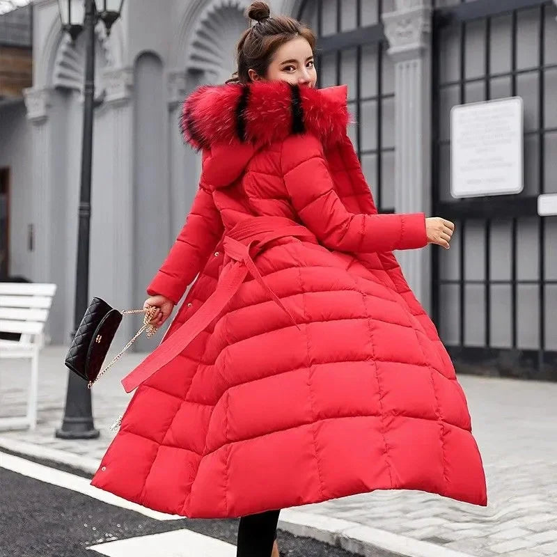 2025 New Winter Jacket Women Parkas Fur Collar Hooded Cotton Padded Long Coat Korean Loose Warm Thicken Outwear