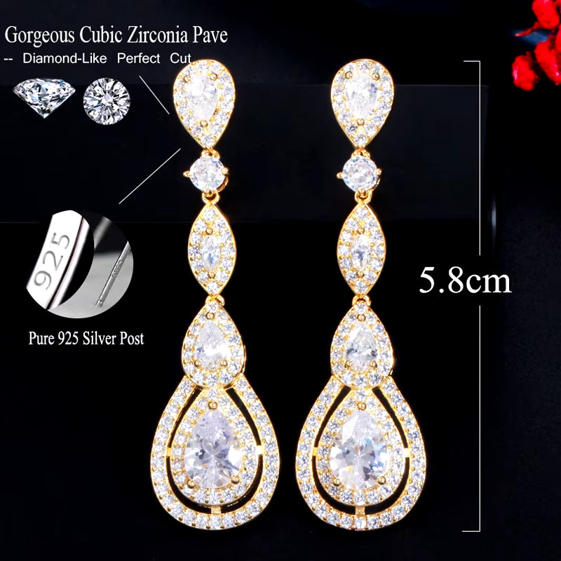 Delicate Silver Color Long Water Drop Dangle Earrings with Shiny White Cubic Zirconia for Ladies' Costume and Prom Jewelry E613