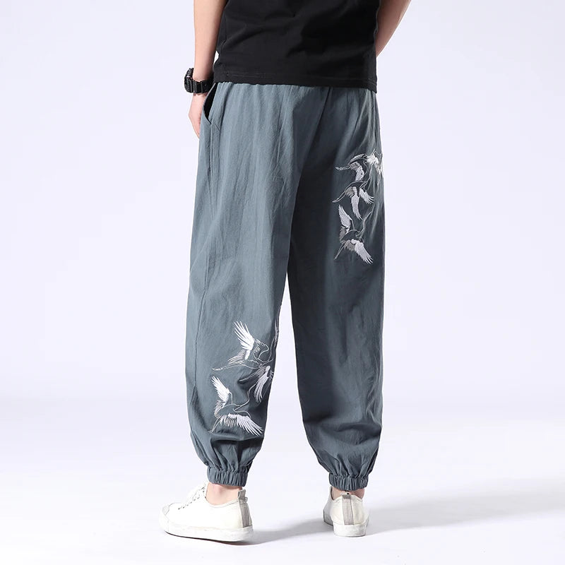 100% Cotton Mens Clothing Crane Embroidery Leggings Trousers Chinese Retro Harem Jogging Pants Sports Fitness Hip-hop Pants