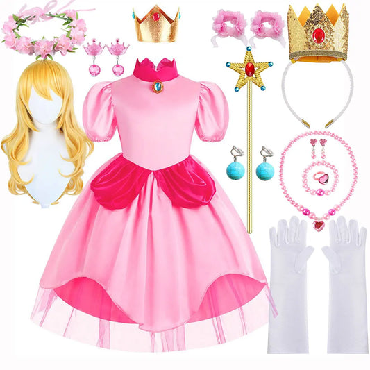 Peach Princess Costume Sweet Halloween Carnival Pink dress Comes with Crown Cosplay Children girl Fancy Dress For 2-10 Years