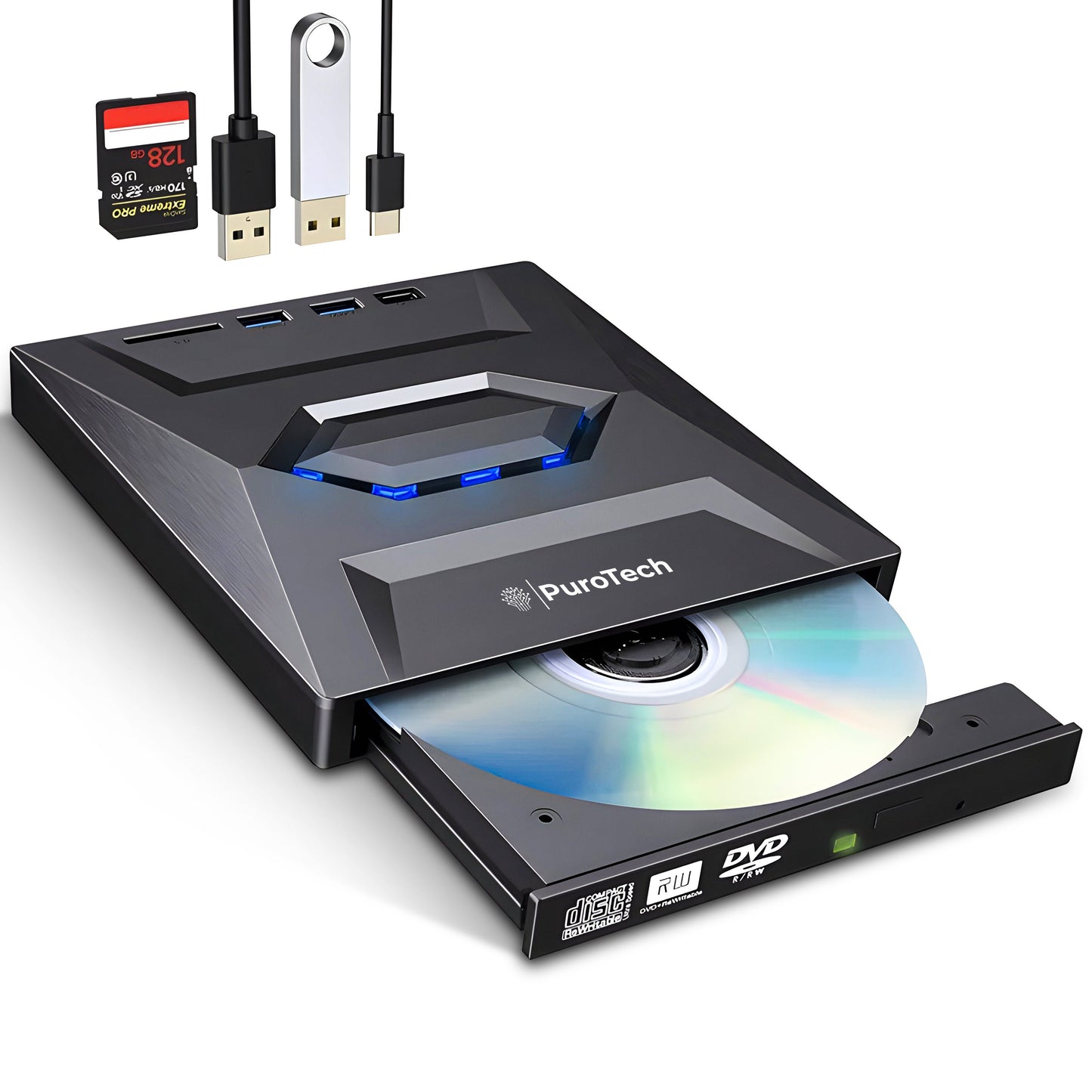 PuroTech 3-in-1 Externe DVD/CD Speler voor Laptop & PC - Brander - Optical Drive - Optische Drive - USB 3.0 & USB C- Plug & Play - Windows, MacOS & Linux